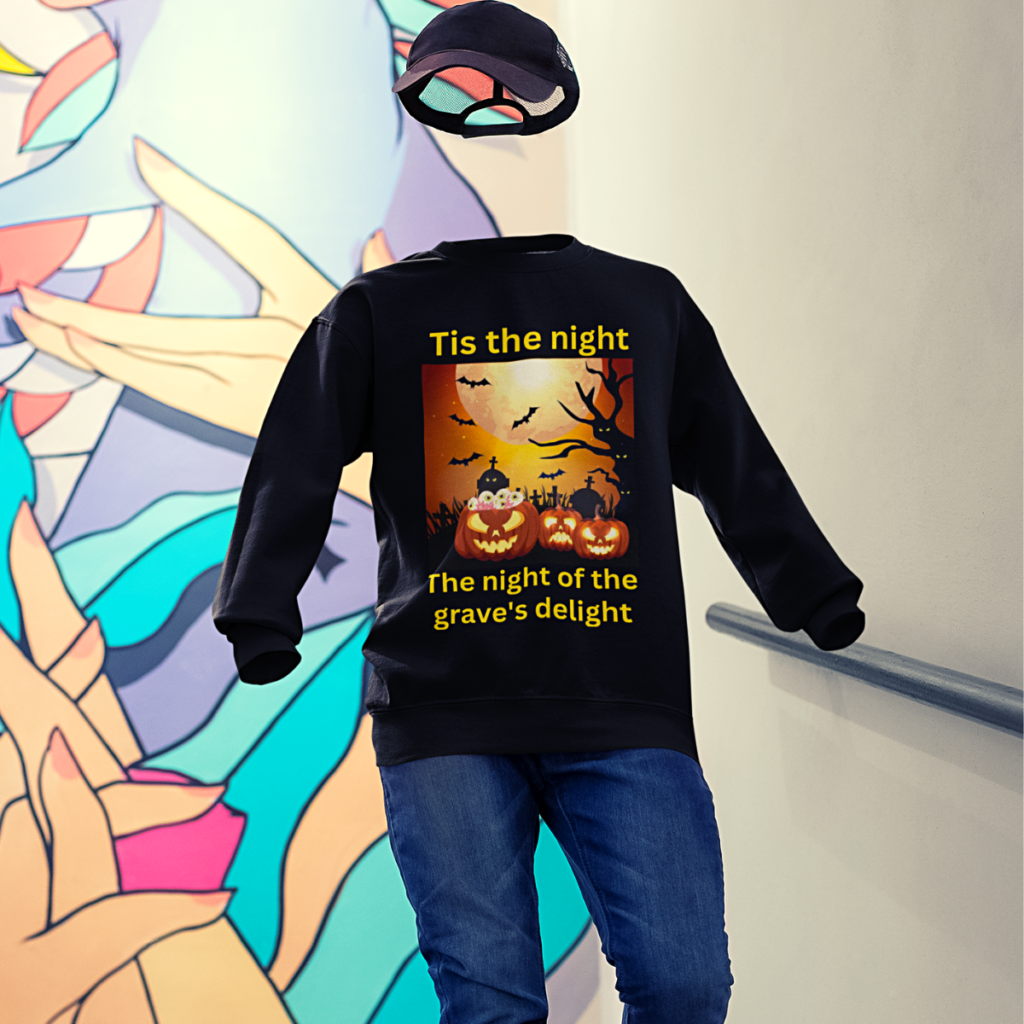 Grave’s Delight men’s black sweatshirt shown in a spooky Halloween stairway lifestyle scene with pumpkin grave artwork