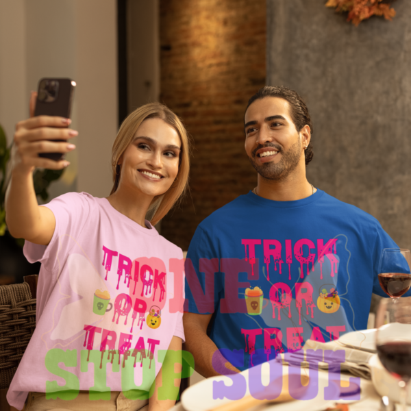 Trick or Treat unisex t-shirt worn by male and female models in different colors, front view with festive design visible by One Stop Soul