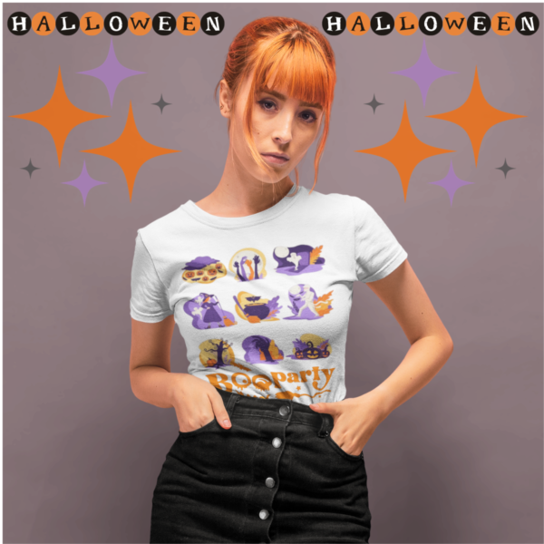 Boo Party women’s t-shirt worn by a model, front view with full design visible by One Stop Soul