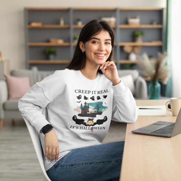 Mockup of woman wearing Creepy Halloween Unisex Long Sleeve Tshirt white