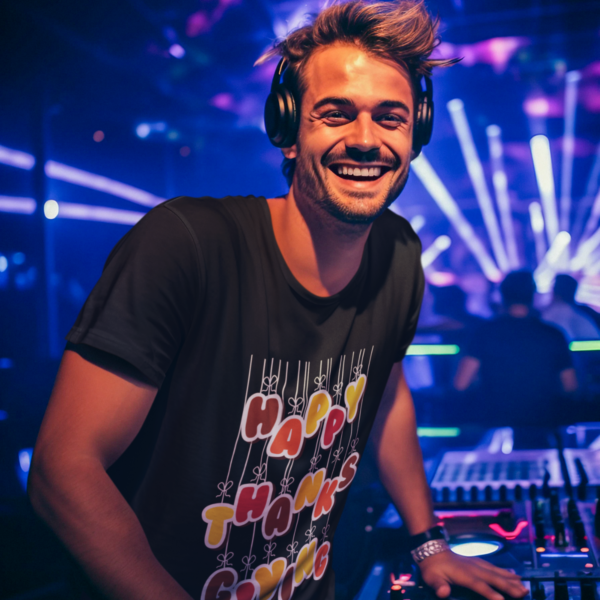 Thanksgiving Bliss men’s t-shirt worn by a model, front view with full design visible by One Stop Soul