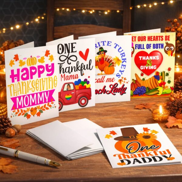 Gratitude Gatherings multi design Thanksgiving card collection displayed on a cozy wooden table with warm autumn decor and soft string lights