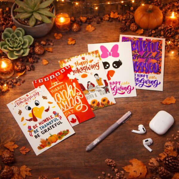 Season of Thanks Thanksgiving card pack displayed on a cozy festive table with autumn decor and warm lights