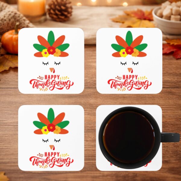 Thankful Turkey coaster set displayed on a cozy Thanksgiving coffee table with warm autumn decor and coffee mug.