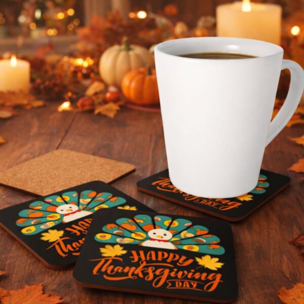 Thankful Turkey coaster set displayed on a cozy Thanksgiving coffee table with warm autumn decor