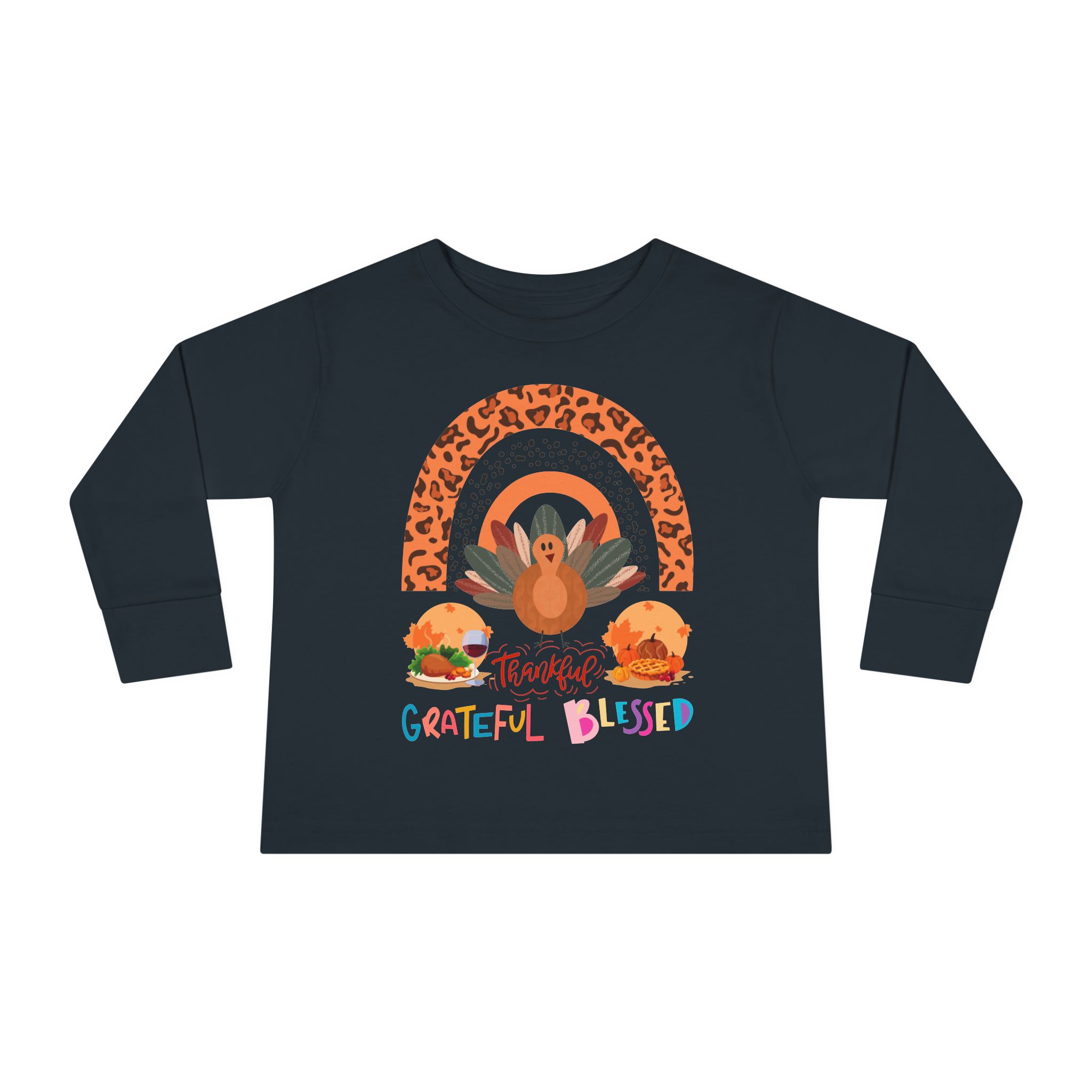 Turkey and leopard rainbow toddler Thanksgiving t-shirt in black shown on a white background with front design visible by One Stop Soul